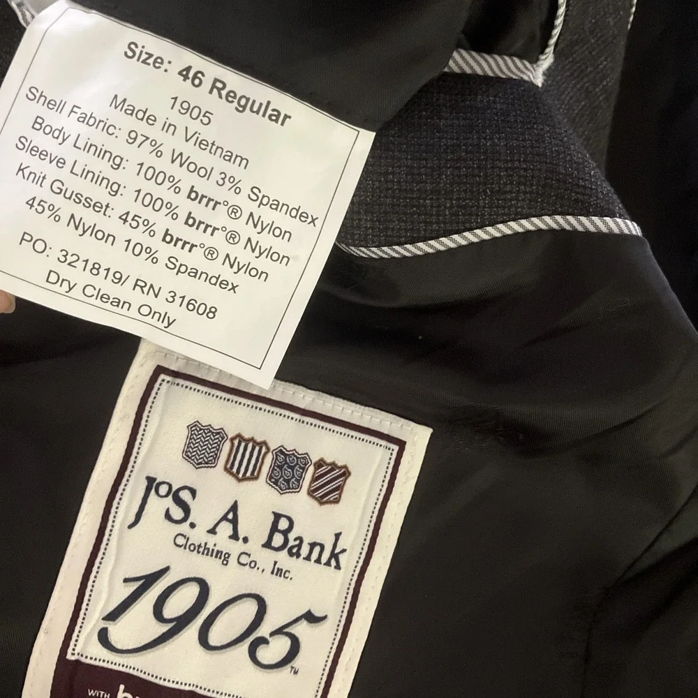 Jos A Bank Dark Gray Blazer Men's 46R Wool Spandex Blend 1905 Brrr Comfort